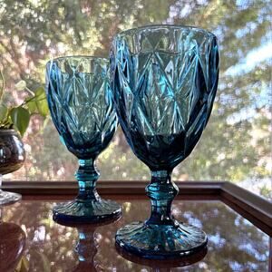 Vintage Deep Blue Teal Goblets Set of 2 Diamond Cut Wine Glasses